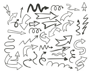 Arrow vector line set. Charcoal hand drawn pencil arrows. Doodle curved chalk darts. brush sketch arrow line curve up, down shape chalk texture element set. Abstract grunge scribble chalk crayon styl