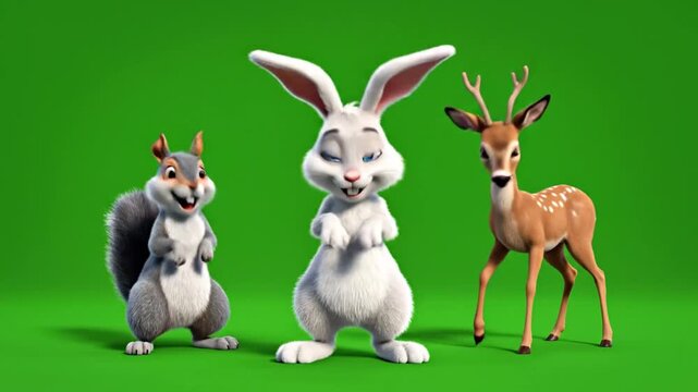 Cute Animated Forest Animals on Green Screen: Squirrel, Rabbit, and Fawn Characters