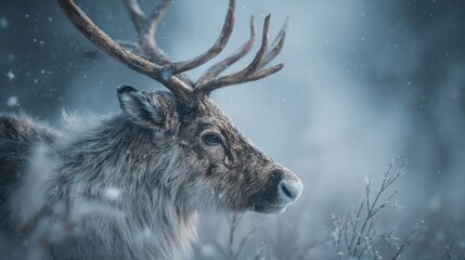 Majestic reindeer with antlers standing in a snowy forest during a winter blizzard