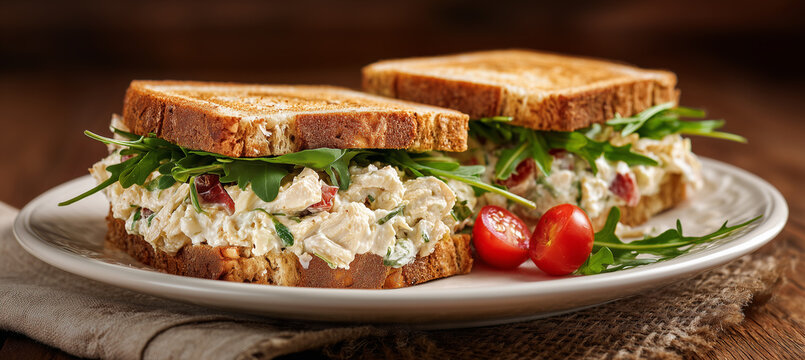 Delicious tuna sandwich with arugula served on whole grain bread