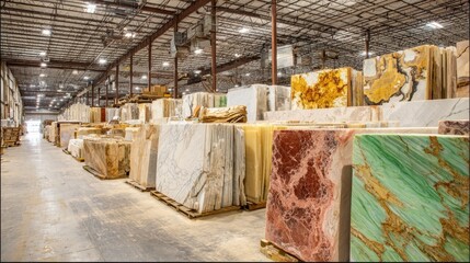 Colorful marble slabs displayed in a large warehouse showcasing various textures and patterns