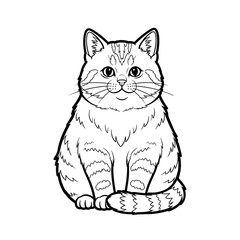 Fluffy cartoon tabby cat sitting, black outline drawing isolated on white for coloring.