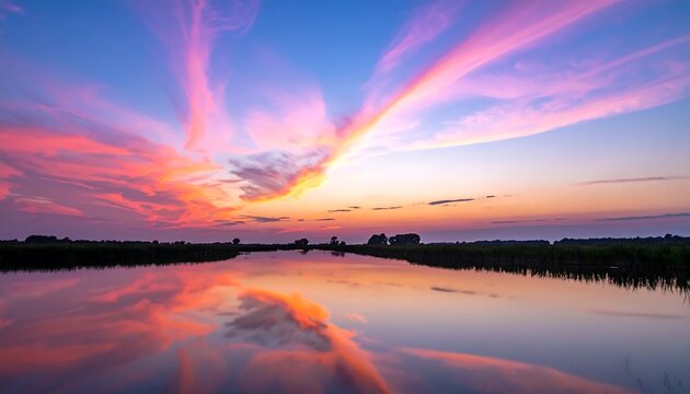 Vibrant sunset reflecting on calm waters, creating a serene landscape.