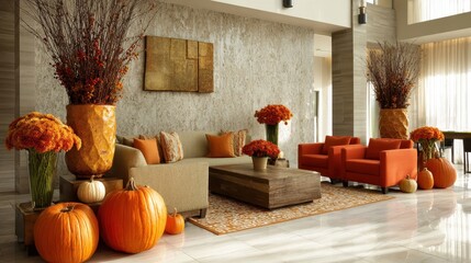 Bright autumn decor transforms a modern lobby with pumpkins and colorful flowers