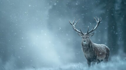 Majestic stag with large antlers standing in a snowy forest during a gentle snowfall