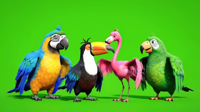 Four Cheerful 3D Cartoon Tropical Birds Standing Together on Bright Green Background