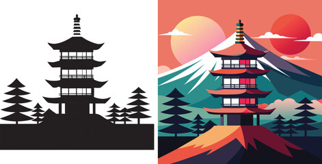 Stunning Japanese pagoda nestled amidst vibrant mountains and a serene sunset, evoking tranquility and cultural richness for travel and design projects