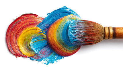 Colorful Paint Swirls with Brush on White Background Ideal for Art Projects, Creative Concepts, and Artistic Endeavors, Showcasing Vibrant Pigments and Textures