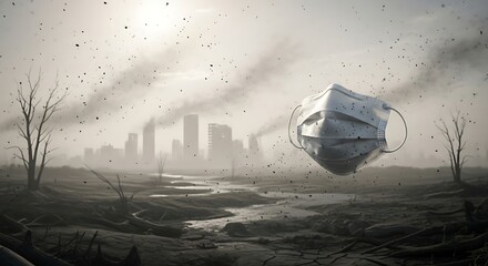 Post-Apocalyptic World with Floating Mask - A Symbol of Pandemic Aftermath.
