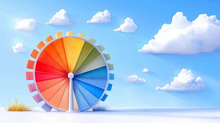 A vibrant, rainbow-colored Ferris wheel stands against a clear blue sky dotted with fluffy white clouds and a touch of green grass.