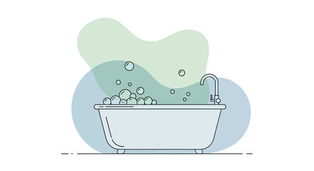 A minimalist line art illustration of a clawfoot bathtub filled with soapy bubbles and running water.
