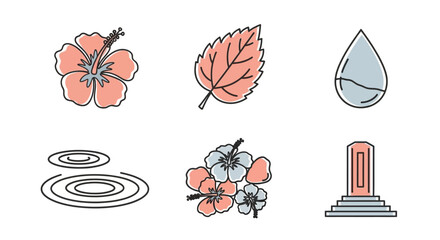 A collection of six minimalist line art icons featuring tropical flowers, a leaf, water droplets, ripples, and a traditional stone monument.