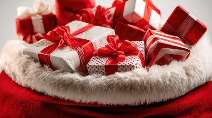 Festive red and white striped christmas presents tied with red ribbons overflowing from santa s hat