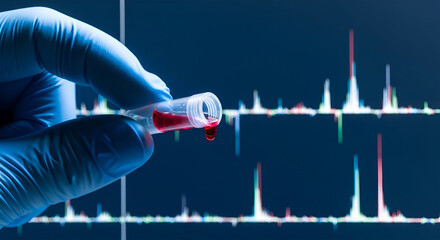 A gloved hand holding a vial containing a sample of blood, with data analysis displayed.