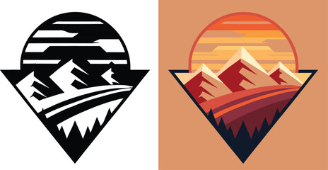 Stunning geometric mountain landscape with vibrant sunset hues, perfect for adventure branding and travel promotions