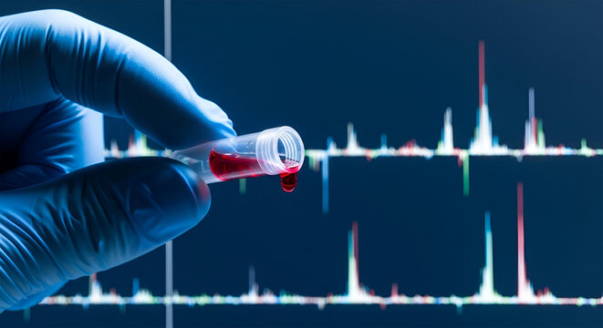 A gloved hand holding a vial containing a sample of blood, with data analysis displayed.