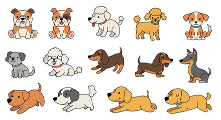 Obraz premium Cute Dogs Doodle Vector Set – Cartoon Puppy Characters, Funny Pet Animal Designs, and Playful Illustration Collection on White Background