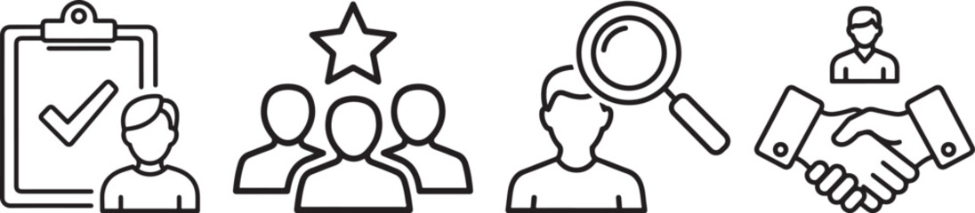 Black Outline HR and Recruitment Process Vector Icons Set