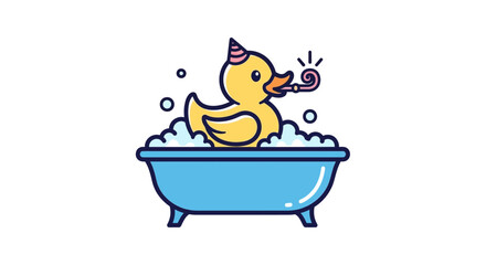 A cheerful cartoon rubber duck wearing a party hat and blowing a party horn in a bubbly blue bathtub.