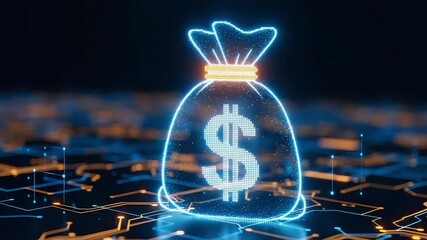 Glowing money bag with dollar sign on circuit board in futuristic digital dark blue background - Powered by Adobe