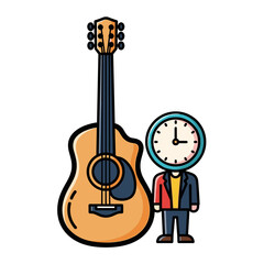 Acoustic Guitar And Clock Cartoon Character