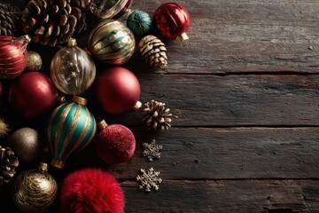 Festive christmas ornaments and pine cones scattered on a rustic dark wooden surface with copy space