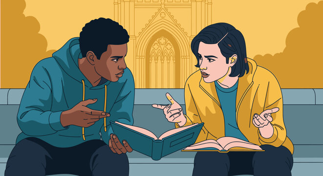 Two diverse students engage in a spirited debate over academic material outside a gothic university, highlighting intellectual exchange and differing perspectives.