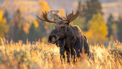 A large bull moose with impressive antlers stands in a field of tall grass, illuminated by the golden light of autumn.
