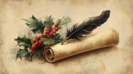 Vintage quill pen resting on aged scroll with festive holly berries and leaves background