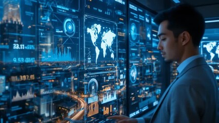 A businessman analyzes futuristic data on a transparent screen overlooking the city. 4k video - Powered by Adobe