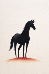 Black horse silhouette standing on textured white background, watercolor style, elegant and calm mood, minimalistic animal illustration, suitable for wall art or greeting card design