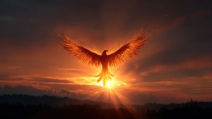 Majestic phoenix rising against a vibrant sunset in a serene landscape with dramatic clouds