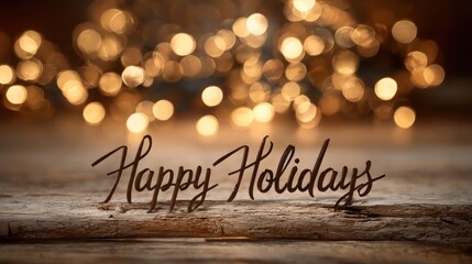 Warm glowing bokeh lights create a magical festive atmosphere behind the words happy holidays on a rustic wooden surface