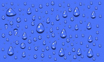Realistic water drops on a smooth blue background with a clean glossy pattern effect
