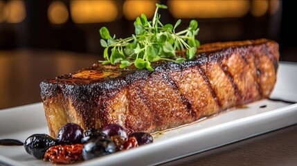 Gourmet seared steak with black olives and sun-dried tomatoes on white plate, macro food photography on wooden table