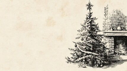 Vintage christmas tree decorated with ornaments and garland by a cozy fireplace in a warmly lit room