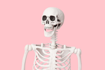 Scary human skeleton on pink background
