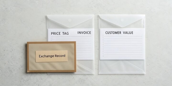 Organized financial paperwork with tags for price, invoices, and customer value against a light textured background