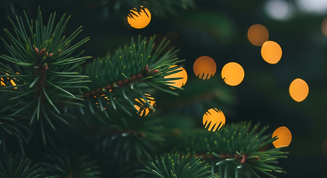 Closeup of a christmas tree branch decorated with warm yellow bokeh lights