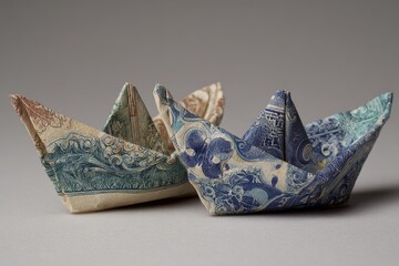 Unique paper boats crafted from currency notes, showcasing intricate designs and colors in a creative display
