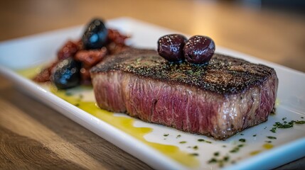 Gourmet seared steak with black olives and sun-dried tomatoes on white plate, macro food photography on wooden table