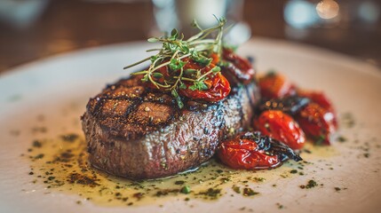 Gourmet seared steak with black olives and sun-dried tomatoes on white plate, macro food photography on wooden table