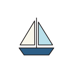 Colorful, simple flat design vector icon of a classic sailboat with blue hull and two sails, representing travel, leisure, summer vacation, sailing, and marine recreation on white background.