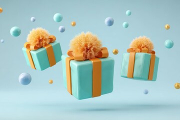 Three whimsical teal and orange gift boxes with fluffy pom poms floating in a soft blue studio background