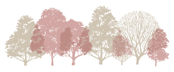 Minimal-style cad side-view tree and wetland forest section outline set, vector illustration for architectural and landscape design, autumn foliage line drawings, environmental site plans