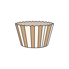 Striped brown and white empty paper cupcake liner or muffin cup vector illustration, representing baking, pastry preparation, sweet desserts, and homemade treats on a white background.