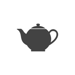 Monochromatic dark grey silhouette vector icon of a classic ceramic teapot, symbolizing tea time, hot beverages, kitchen utensils, comfort, and traditional serving ware on a white background.