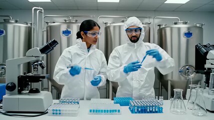 Scientific collaboration in white lab coats, focused expressions, precision work, cutting edge discovery, technological innovation, microscope, data analysis, sample collection, laboratory. - Powered by Adobe