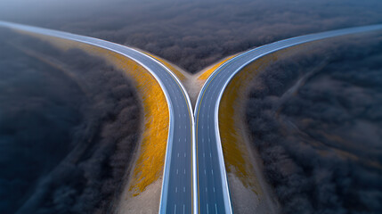 Aerial view of empty highway intersection with two diverging roads, surrounded by autumn forest, misty atmosphere, and vibrant yellow grass along roadside