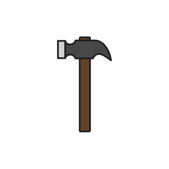 Colorful flat design vector illustration of a classic claw hammer with a brown wooden handle, symbolizing construction, carpentry, repair, handyman work, and home improvement tools.